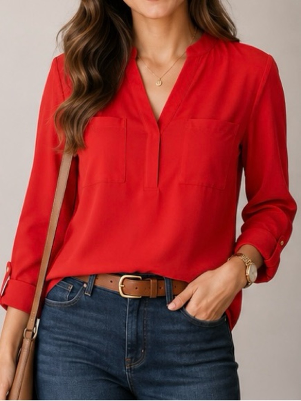 Nine West Red Split-Neck Long Sleeve Blouse